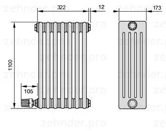 Схема (чертеж) Радиатор Zehnder Charleston 5110/7 №V003 Белый глянцевый RAL 9016